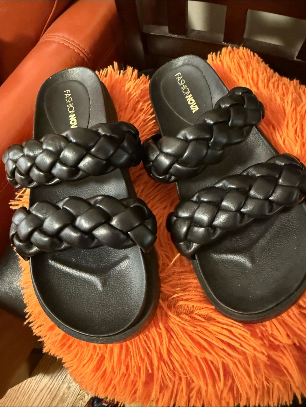 Braided Double-Strap Slide Sandals in Black